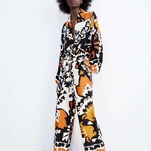 Zara Black and Orange Floral Blouse & Trouser Set